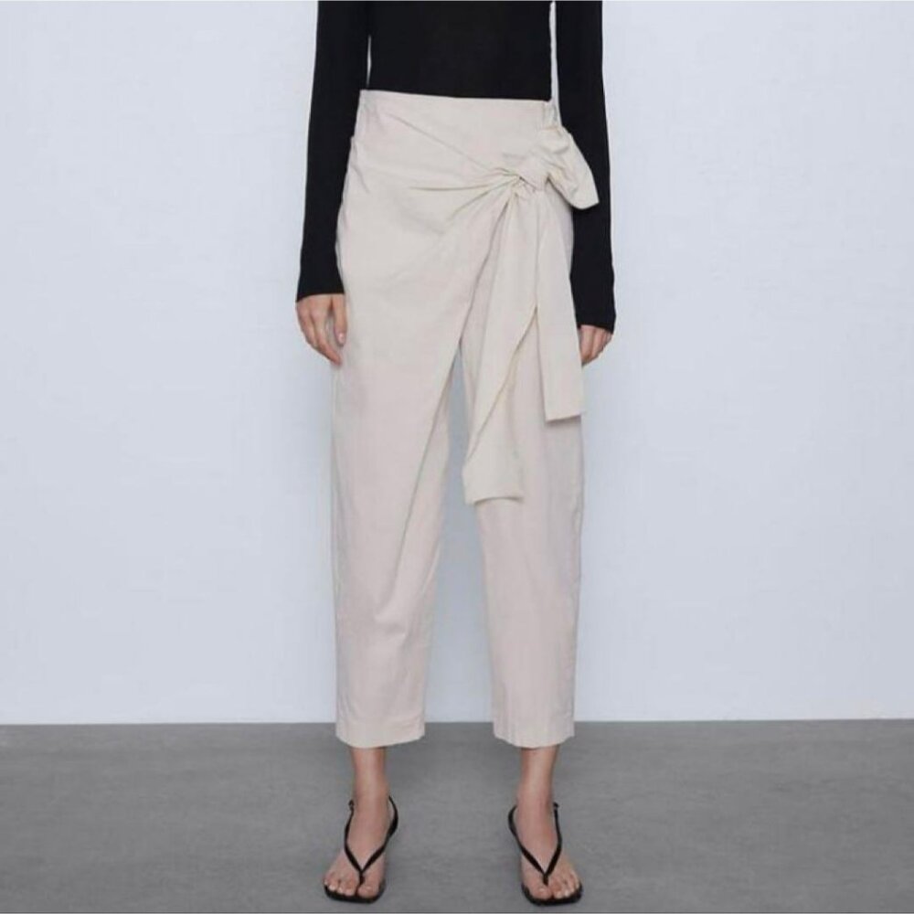 Zara Womens XL High Waisted Tapered Leg Capri Trousers Pants Cream Off White - Picture 2 of 16